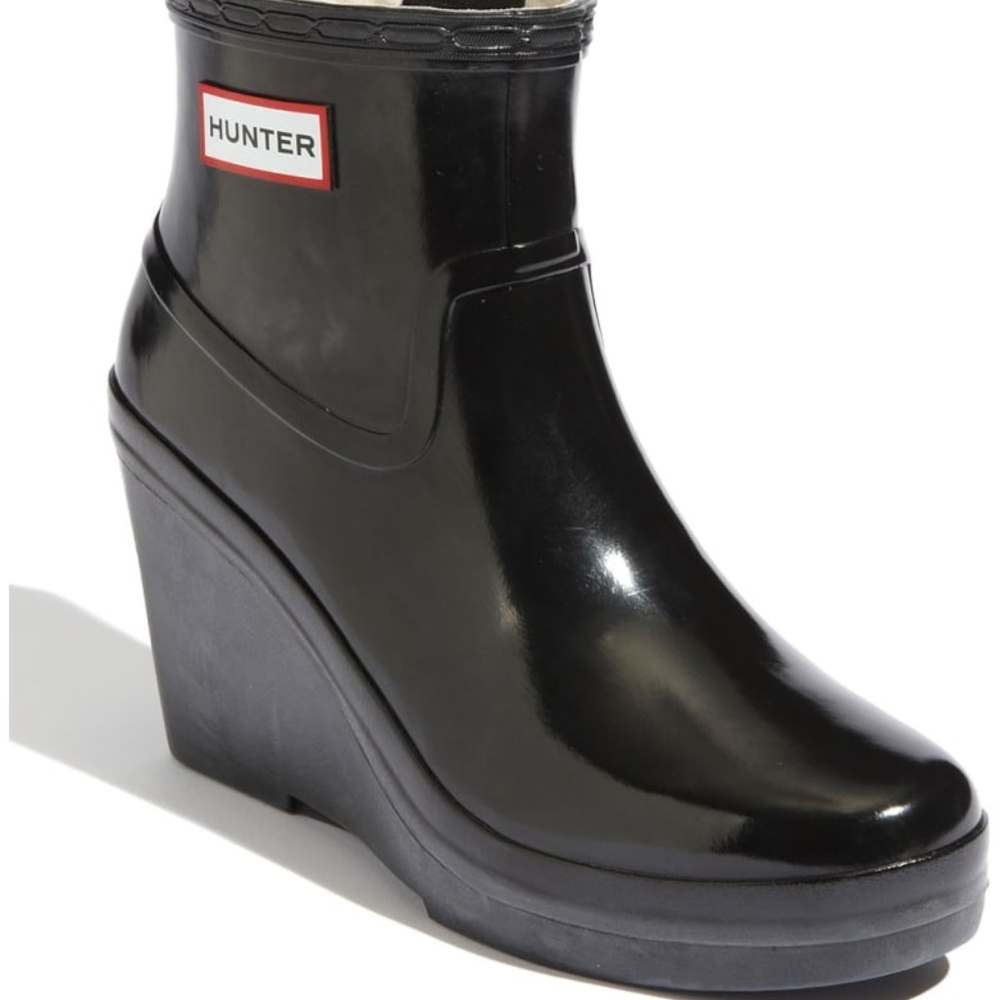 Hunter Black Patent Short Wedge Rain Boot